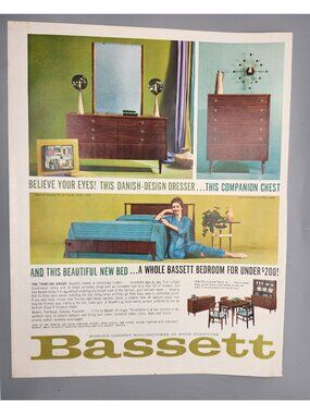 Bassett 1950s Print Ad Featuring Danish-Style Bedroom Furniture 11"x8.5" Vintage